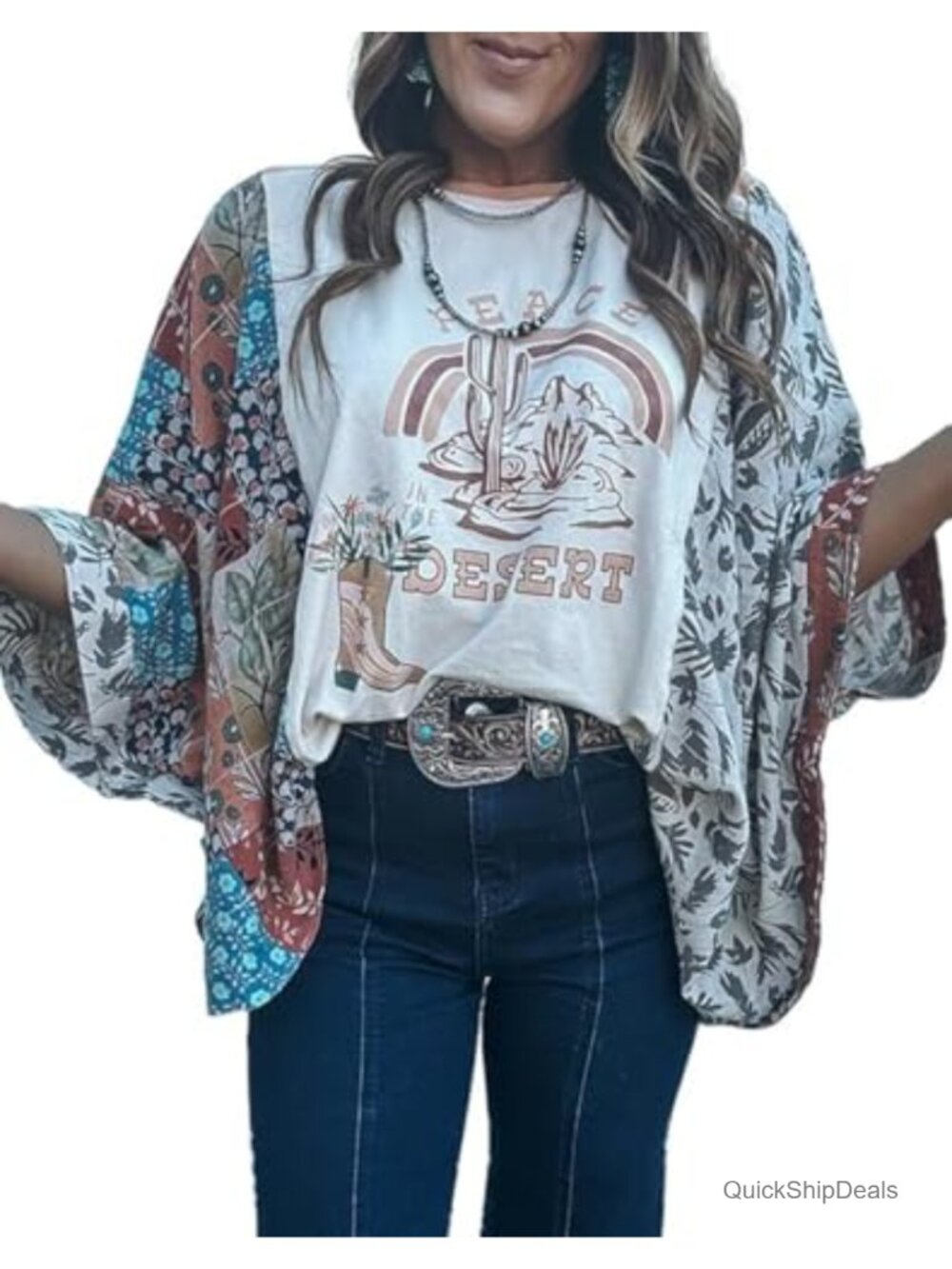 Women's Boho Floral Print Poncho Top 3/4 Dolman Sleeve Loose Fit Western Shirt